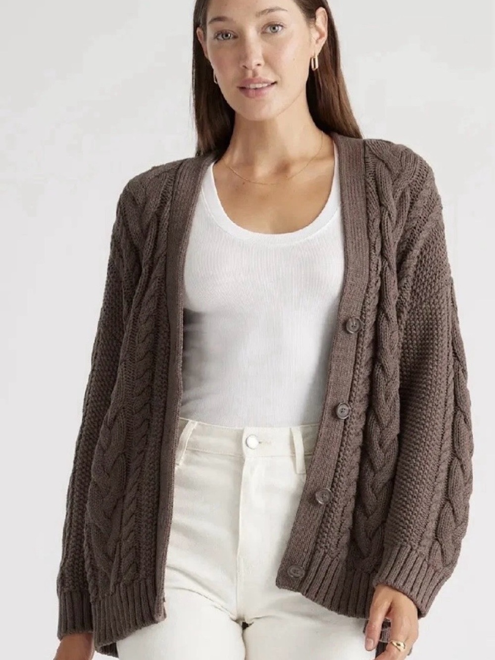 Quince Brown Cable-Knit Button Cardigan